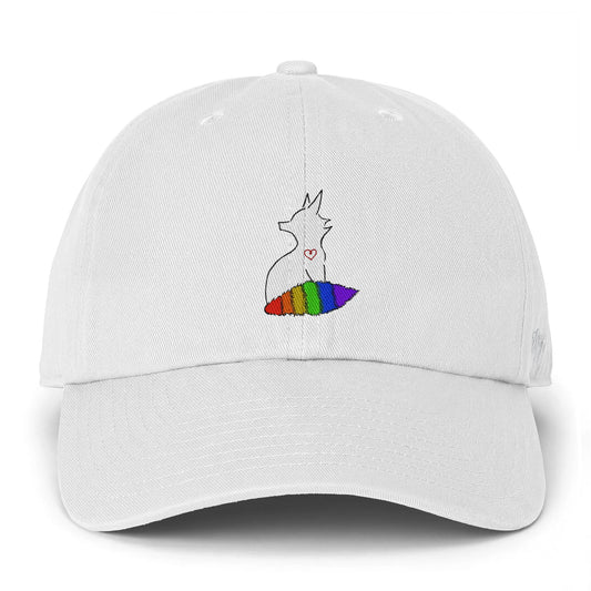 White cap with a colorful fox design on a white background